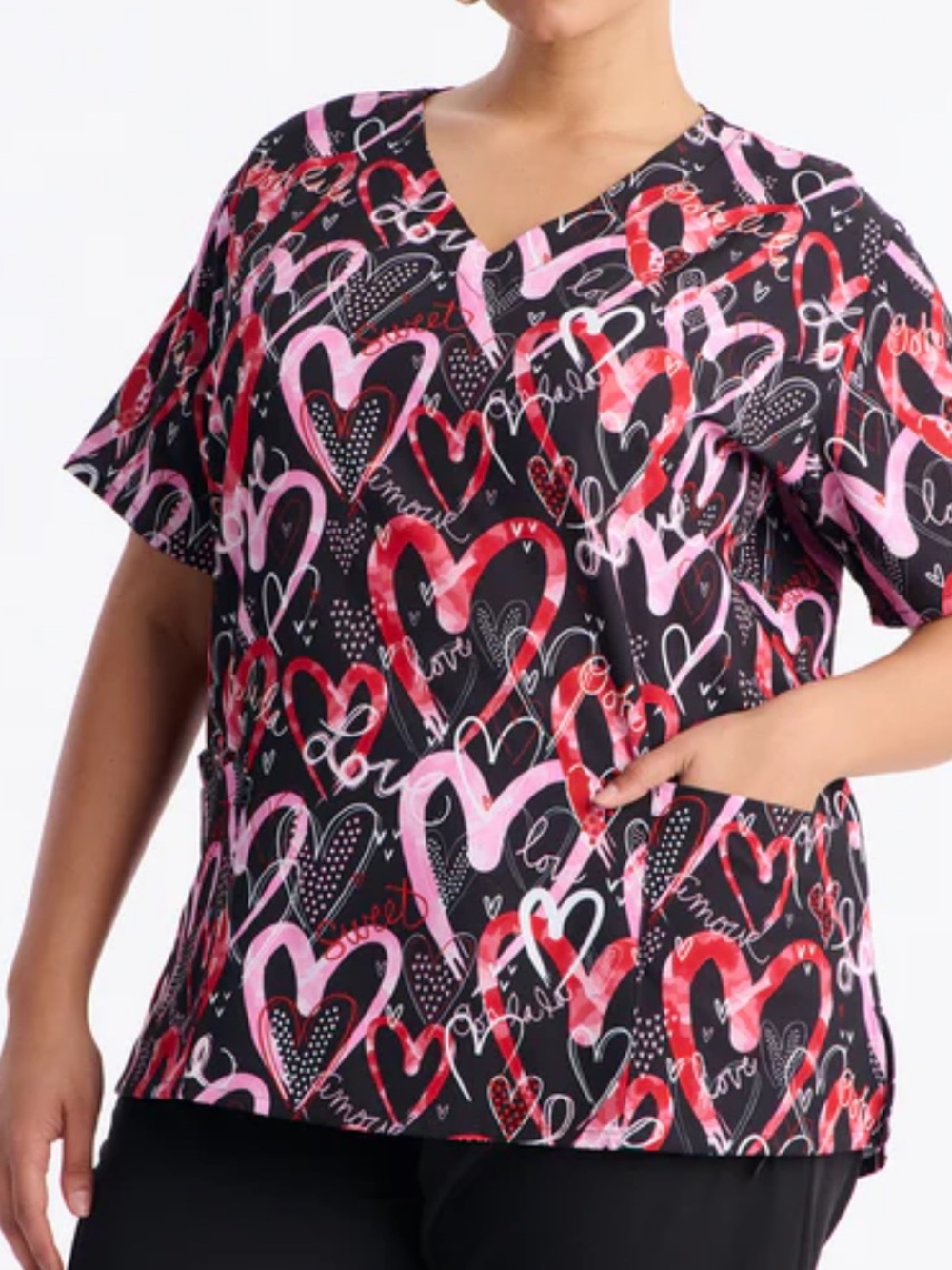 WonderWink Black Scrub Top with Pink & Red Heart Print
